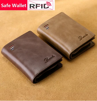 

RFID Blocking British Style Genuine Leather Short Men Wallet Safe Fashion Male Small Purse Zipper Button Men Card Holder