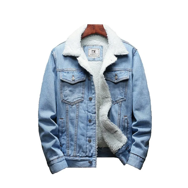 Men Light Blue Winter Jean Jackets Outerwear Warm Denim Coats New Large Size Wool Liner Thicker Size6XL |