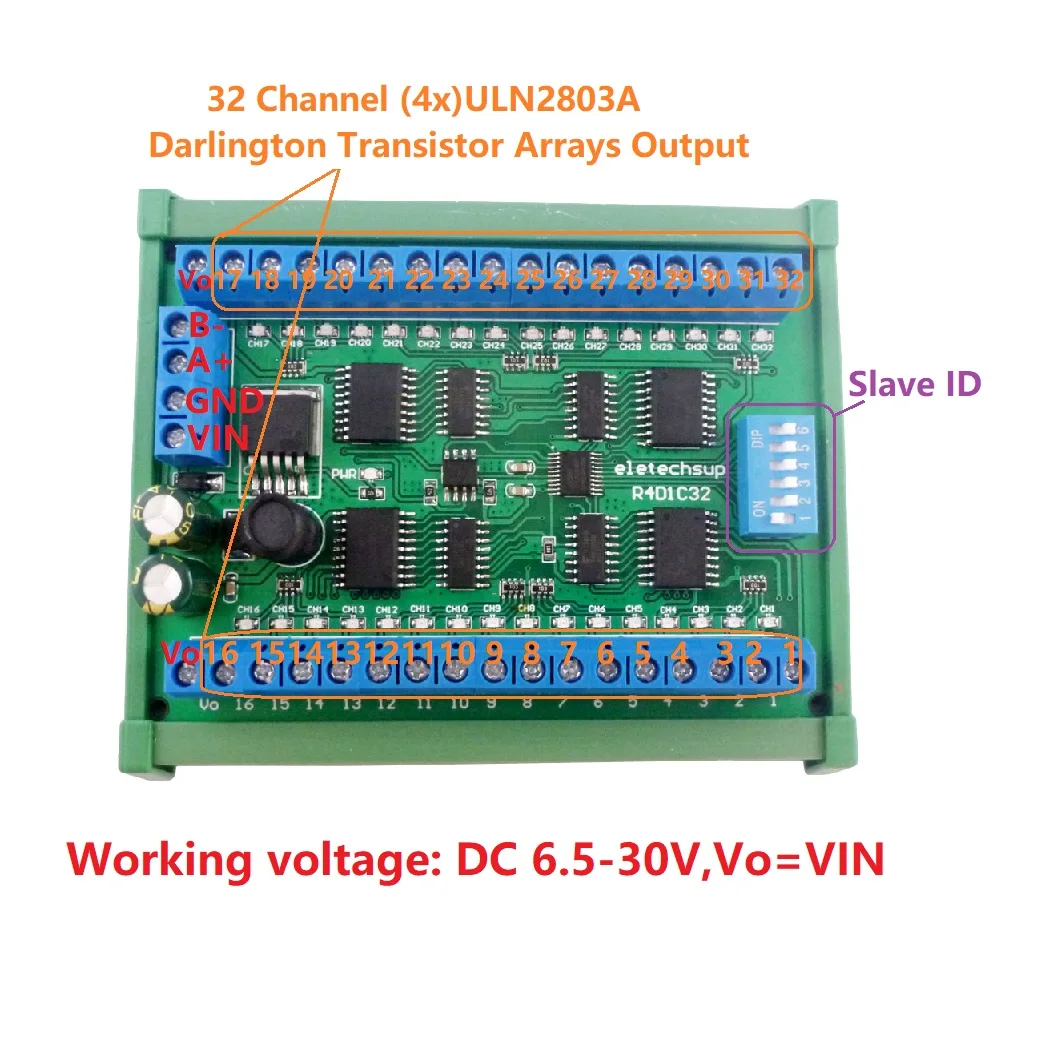 

DC 12V 24V 32-Channels DIN35 C45 Rail Box RS485 Modbus RTU ULN2803A Darlington Transistor Controller PLC IO expansion Board