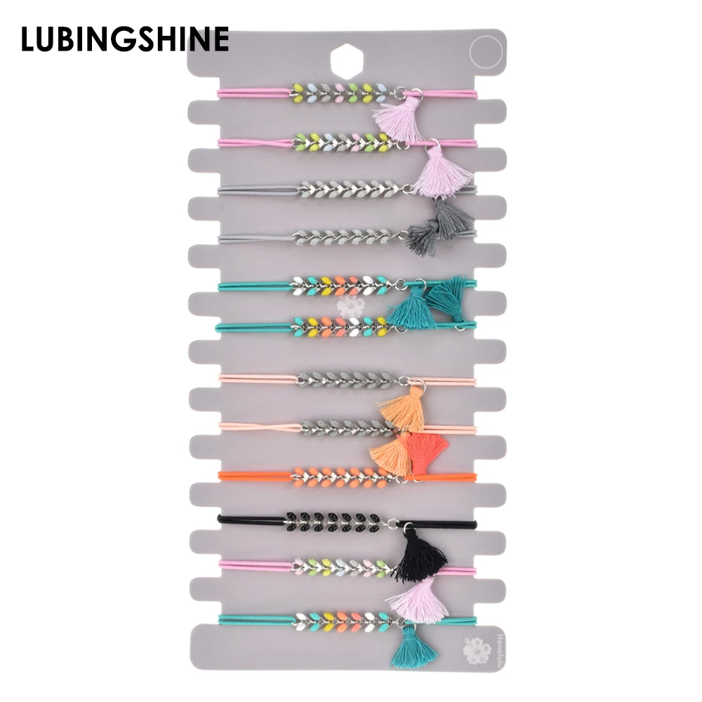 

12pc Bohemian Tassel Pendant Braided Rope Chain Bracelet Set Alloy Enamel Charms Elastic Bracelet for Women Girls Cuff Jewelry