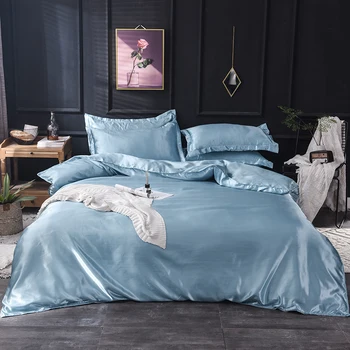 

Blue silk duvet cover 220x240 Pillowcase 3pcs,200x200 quilt cover, bed cover 150x200,queen king size bedding set,bed sheet