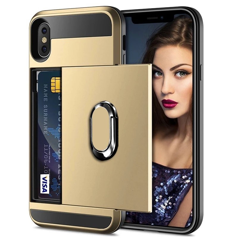 Защитный сдвигающийся Чехол для карт телефона для iPhone 11 X XR XS Max Pro противоударный держатель для карт чехол для iPhone 11 7 8 6 6S Plus - Цвет: Gold