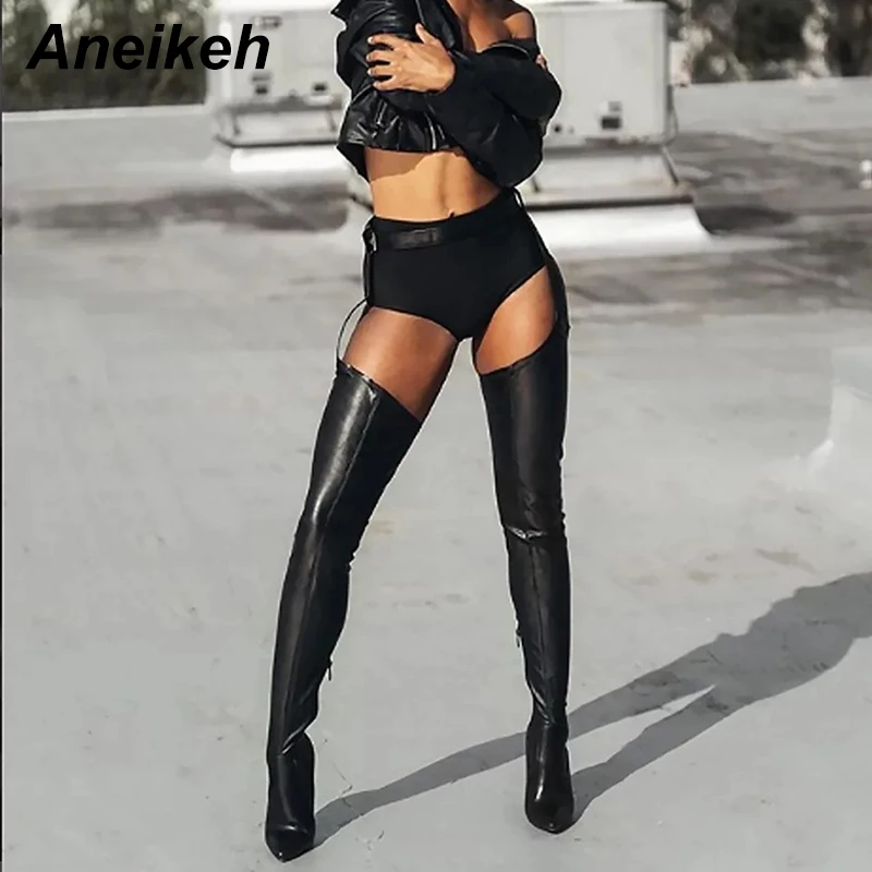 Aneikeh Rihanna Style Women PU Over Knee Boots High Boots Women Shoes Pointed Toe Thigh High Heels Boots for Women Size 35-42