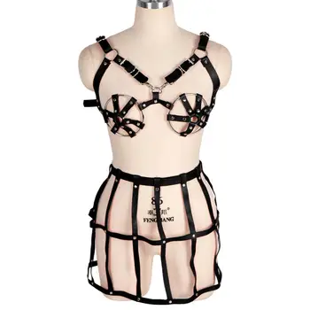 

1 Set Leather Harness Bra Punk Gothic Cage Top Metal Ring Full Body Strap Suspender Hollow Out Adjust Dance Rave Skirt Lingerie