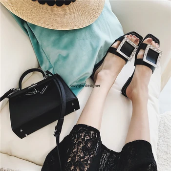 

Shinny Rhinestone Metal Square Buckle Decor Women Flat Slippers Luxury Design Square Toe Outdoor New Plus Size Flip Flops Women