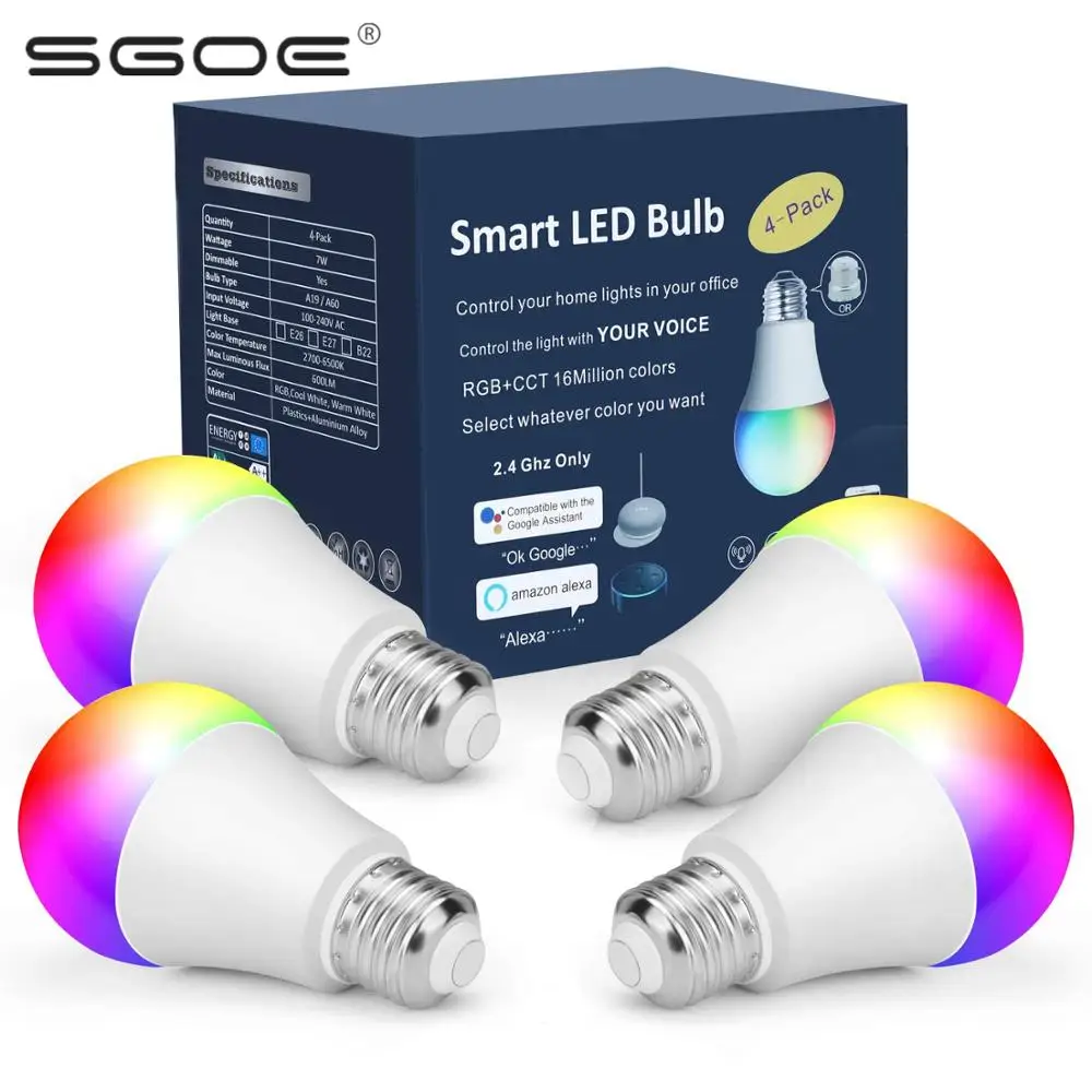 

4 pack smart blub wifi light app smart life led dimmable led bulbs e27 e26 rgb tuya bed lamp for home alexa google assistant