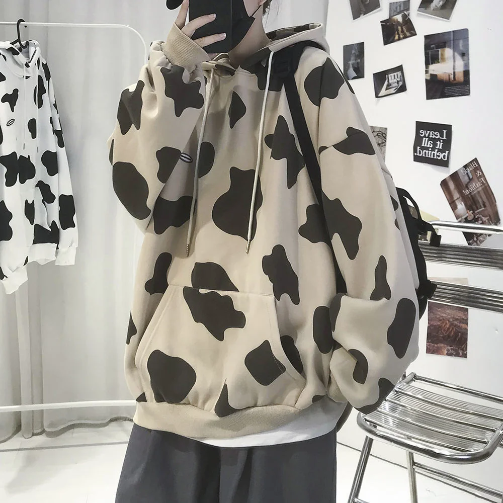 Privathinker Korean Cow Pattern Women Oversized Hoodies 2022 Autumn Harajuku Hooded Sweatshirts 