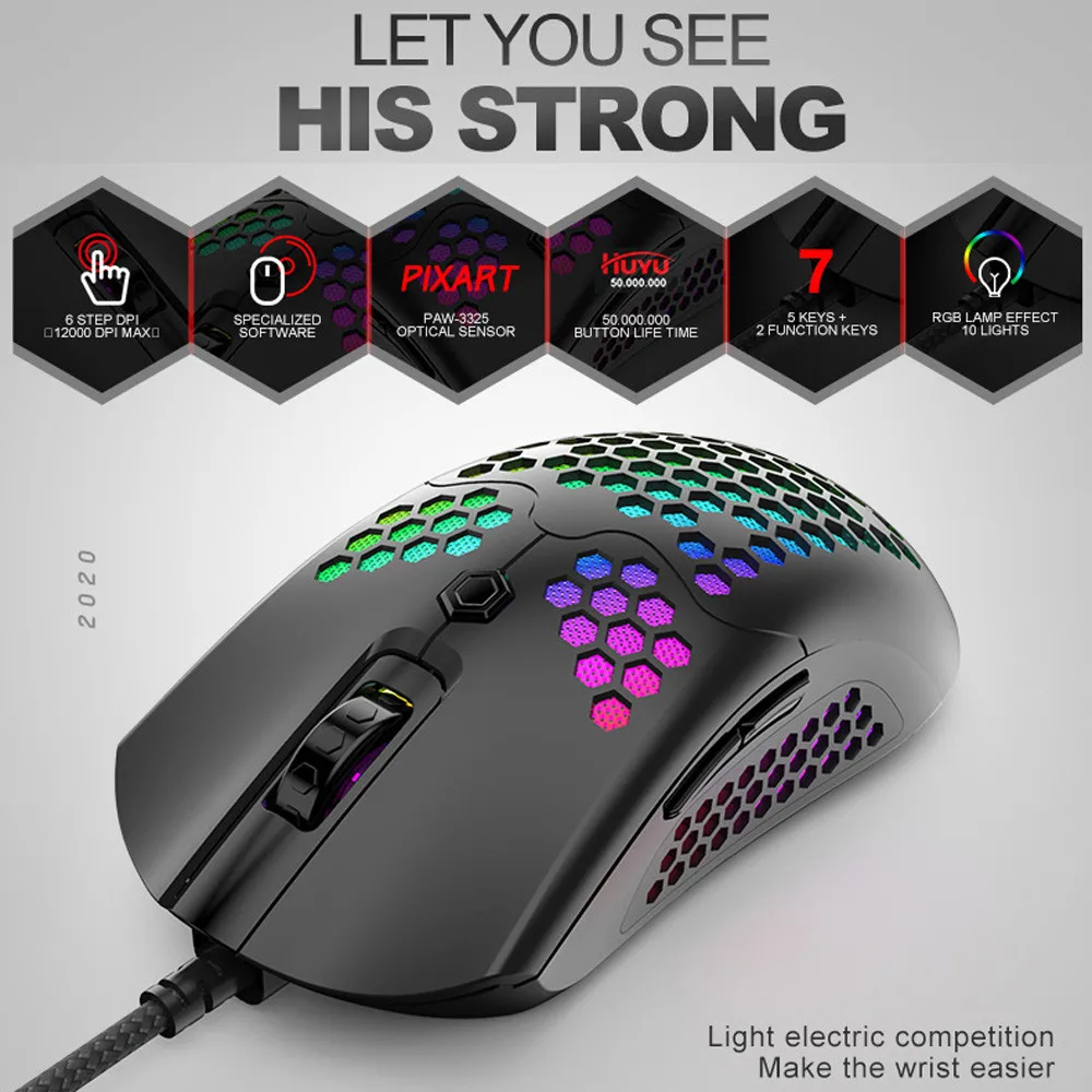 Легкая проводная мышь AJ390 игровая с отверстиями 6 DPI регулируемая 7 клавиш # G |