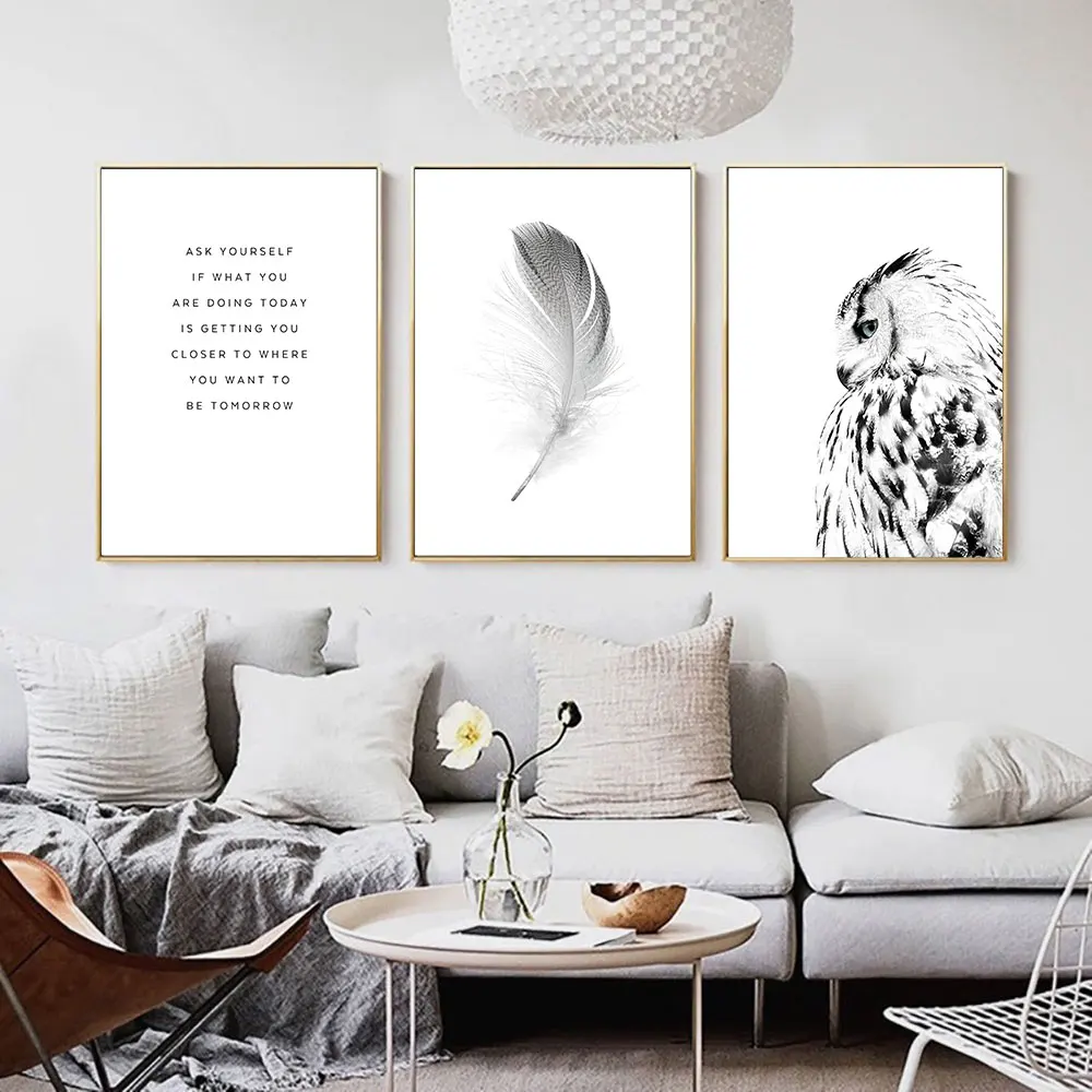 Nordic-Black-White-Poster-Owl-Canvas-Painting-Feather-Wall-Art-Print-Quote-Modern-Picture-For-Living (3)