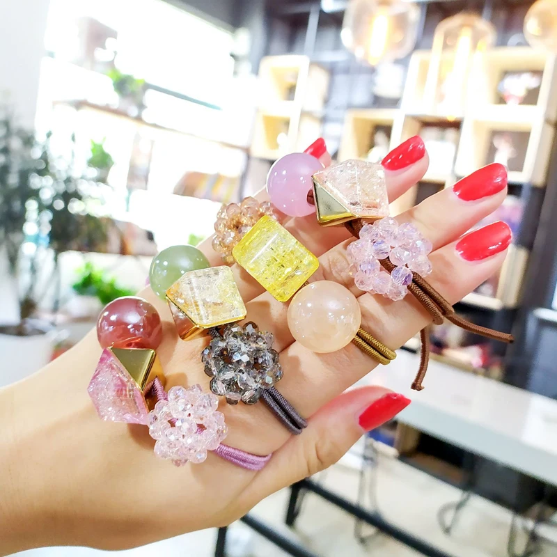 

Women Geometric Headwear Rhinestone Double Rubber Bands Girls Translucent Candy Color Beads Elastic Hair Band Hair Accessories
