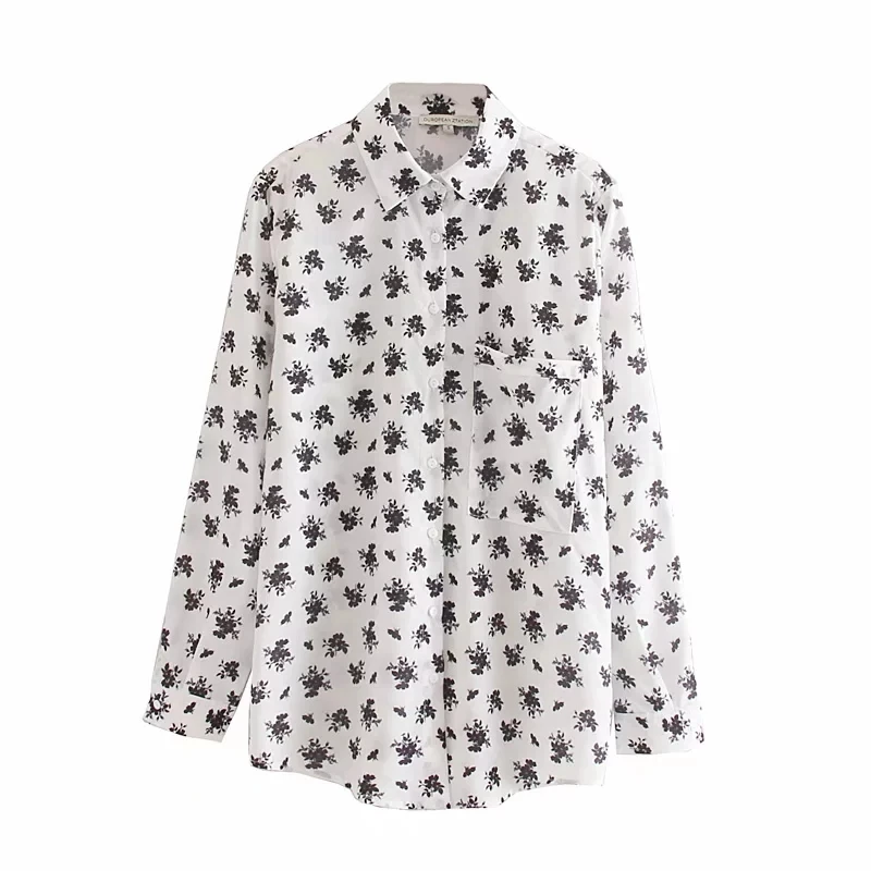 Flower Printing Single Pocket Women Turn-down Collar Shirt 2022 Autumn Leisure Lady Long Sleeve Blouse Loose Tops S6510
