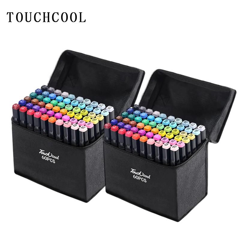 Ceny Touchcool Marker długopis 30 40 60 80 168 kolor pędzelek do zdobień szkic Marker z podwójną końcówką do rysowania artystycznego pędzelek do zdobień s na bazie alkoholu z 4 prezenty