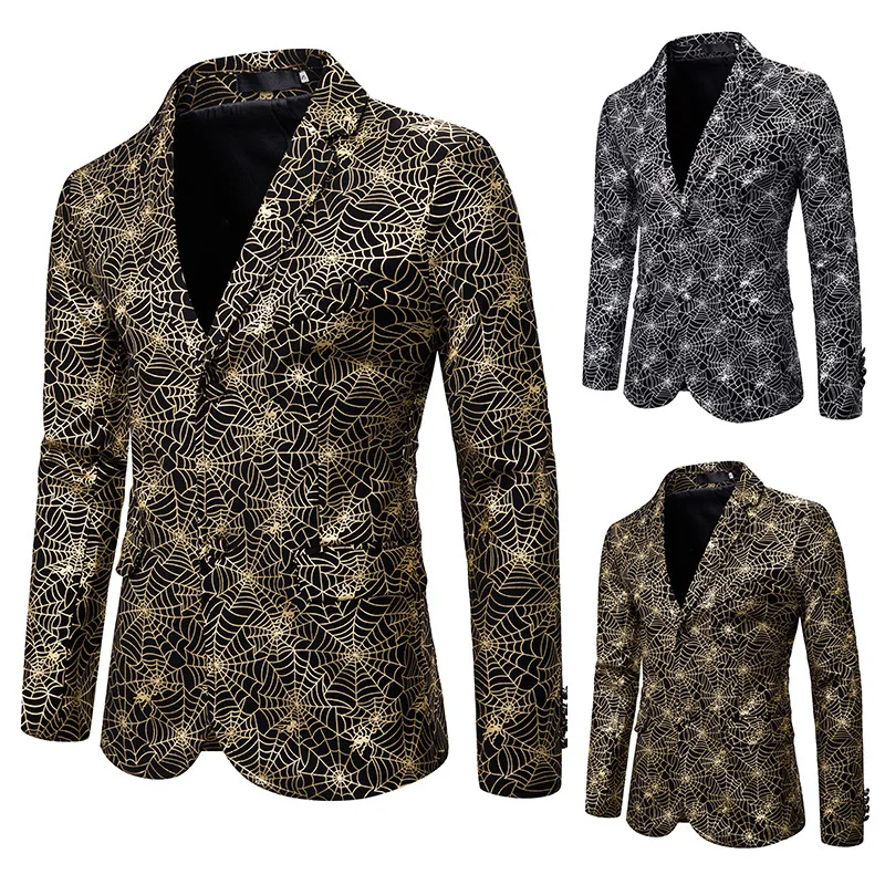 

men's suit slim fit fashion spider web bronzing, printing suit tuxedo performance coat