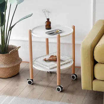 

Nordic Creative Danish Trolley Round Solid Wood Sofa Living Room Small Side Table Simple Corner Table Mobile Dining Car