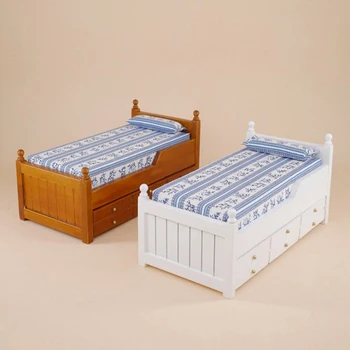 

Simulation Children's Bed Toys for 1:12 Doll House Mini Furniture Model Toy Bed Wooden Girl's Favourite with Sliding Drawers