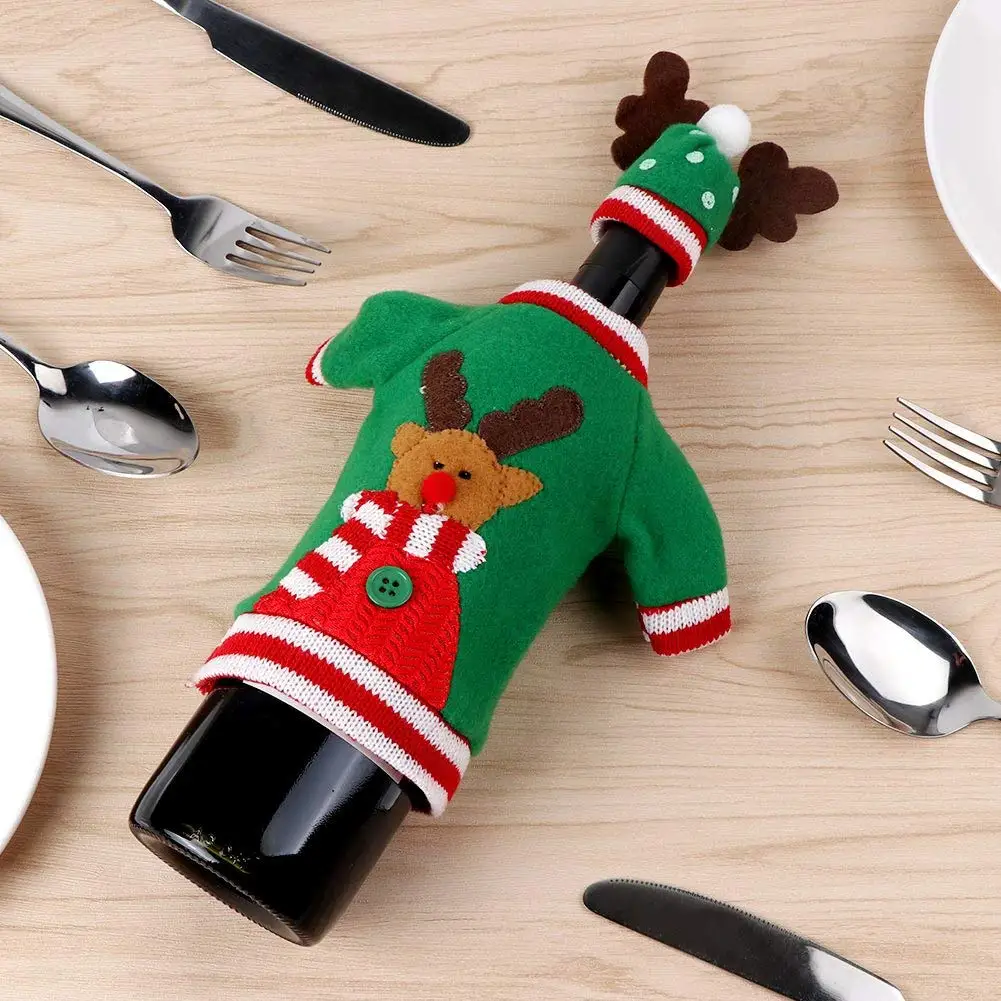 IALJ Top 3pcs Ugly Christmas Sweater Wine Bottle Cover, Handmade Wine Bottle Sweater for Christmas Decorations Ugly Christmas Sw