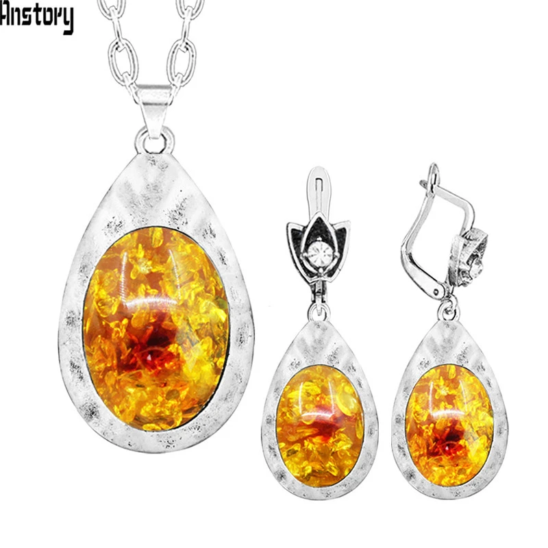 

Oval Synthetic Ambers Necklace Earring Jewelry Set Antique Silver Plated Water Drop Fashion Jewelry For Women