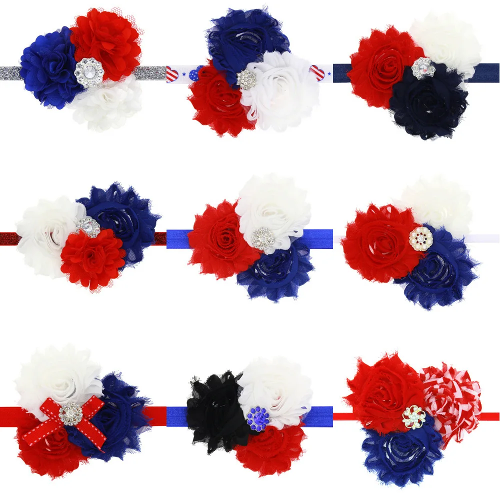 

Baby Girl American Flag Flower Headbands Rhinestone Lace Hair Band Elastic Tiara Accessories Kids hairbands Photo Headwear