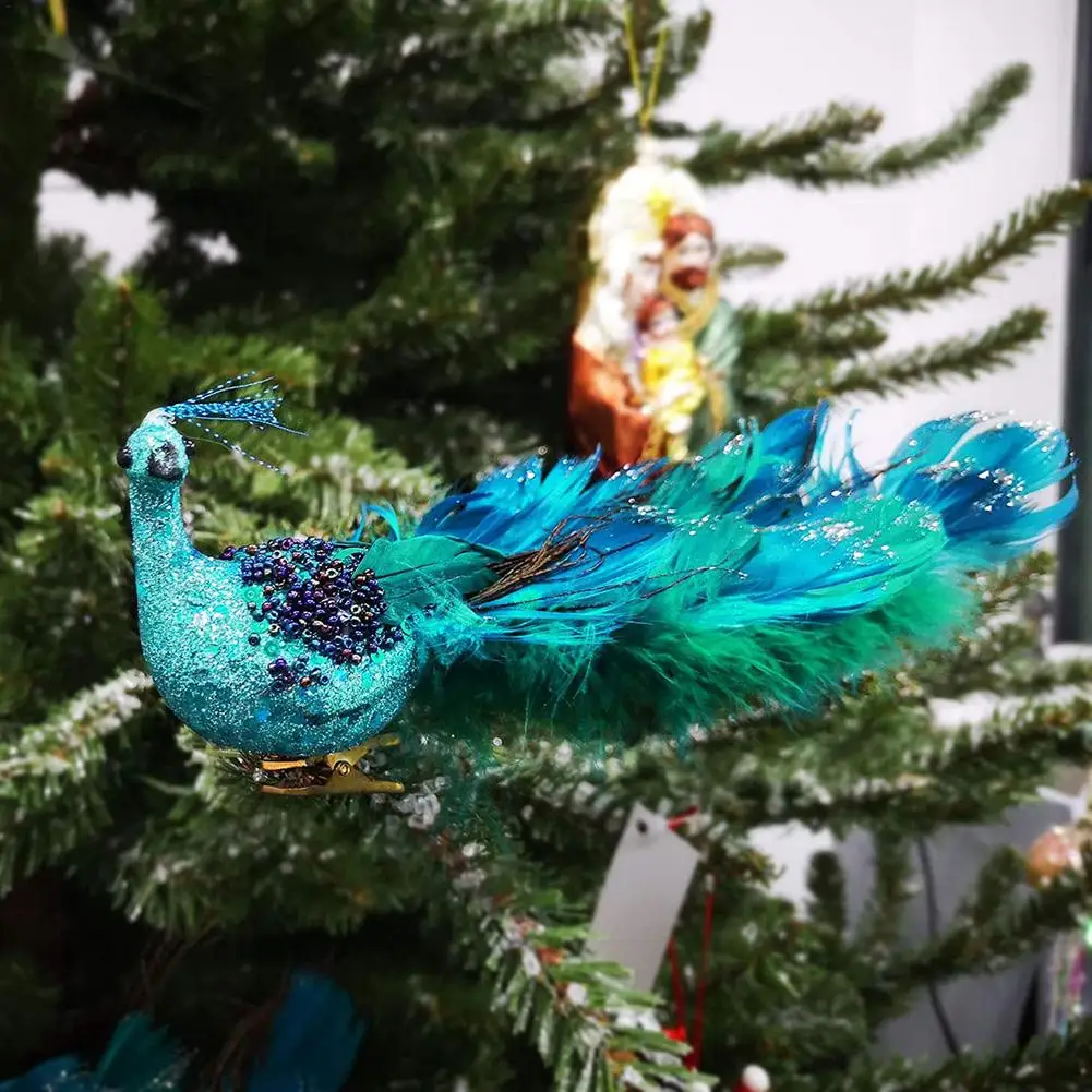 Coastal Peacock Teal Blue Sequins Beads Christmas Tree Ornaments Decor Set of 4 