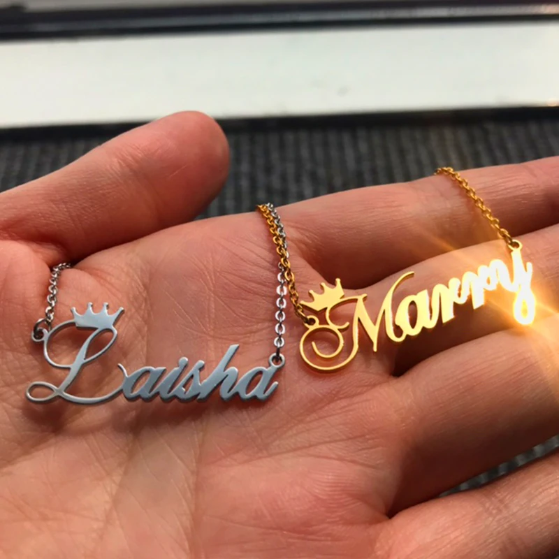 Christmas Gift Personalized Jewelry Silver Rose Gold Stainless Steel Chain Nameplate Choker Necklaces Custom Crown Name Necklace