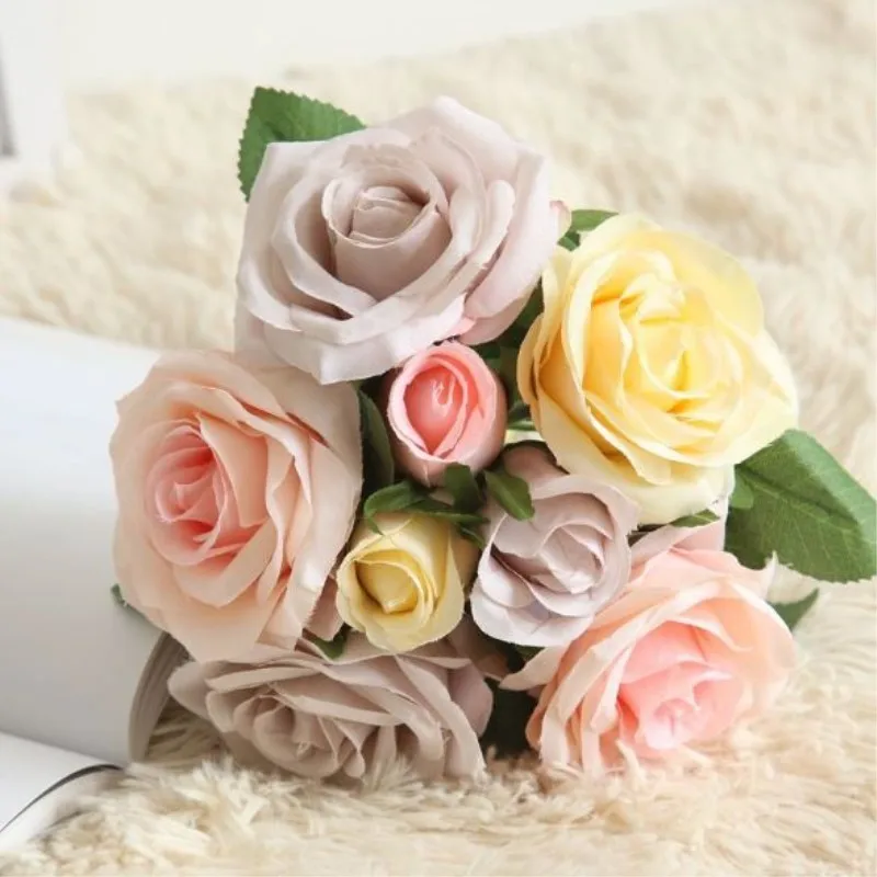Rose Artificial Flowers Bouquet 5 Heads 3 Buds Silk Fake Flowers Home Party Wedding Decoration Bouquets flores artificiales - Цвет: Xuancai