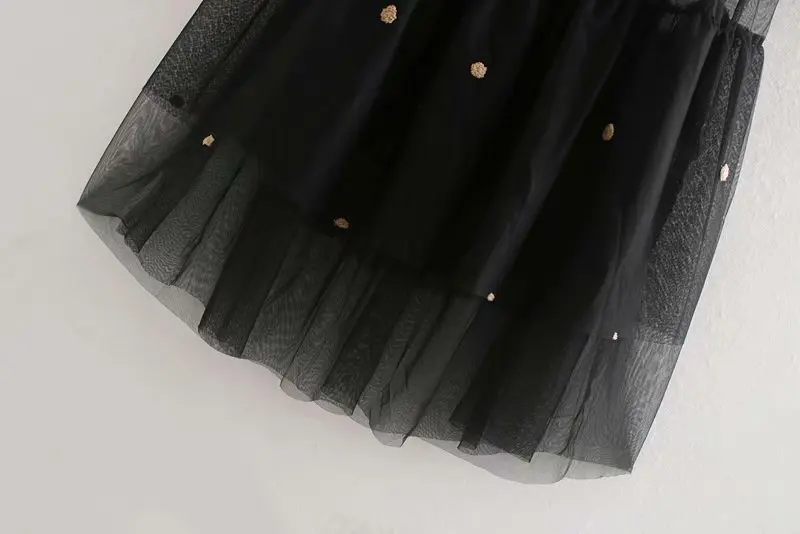 Женское черное платье в горошек из двух частей, прозрачное Сетчатое платье с круглым вырезом и длинным рукавом, плиссированное свободное платье до колен, ropa mujer