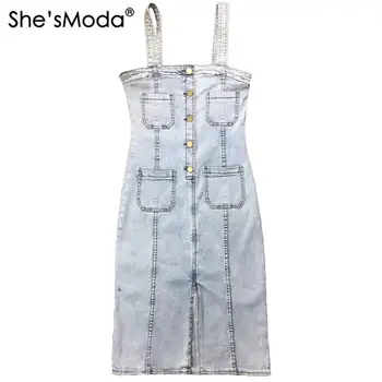 

She'sModa Denim Jeans Vintage Pocket Button Washed Summer 2020 Women's Knee-length Dress