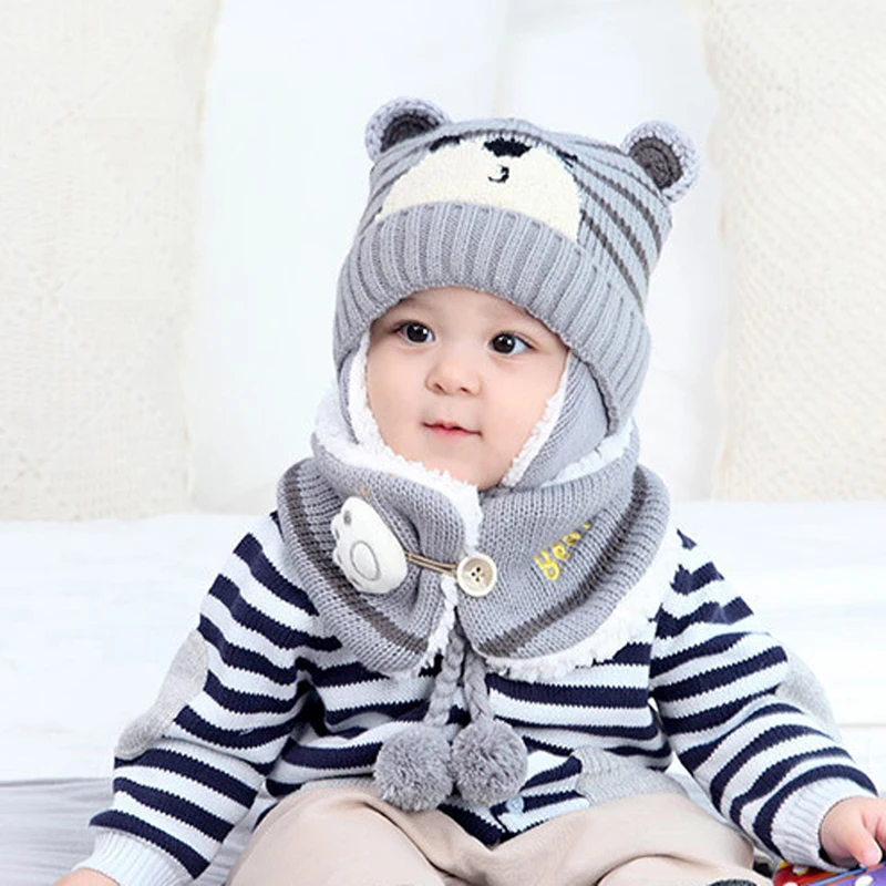 Loozykit 2 pcs Warm Hat Suit Baby Boy Girls Thermal Knitted Cartoon Bear Hat Scarf Toddler Winter Fleece Cap Set