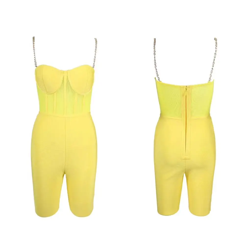 Simly Tara New Summer Bandage Jumpsuit Rompers Sexy Sleeveless Yellow Black Bodycon Night Club Playsuits