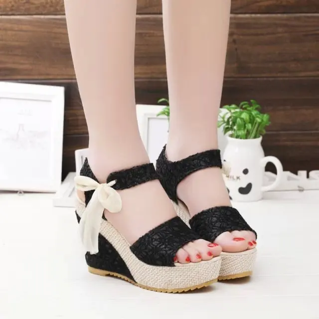 

2019 Spring And Summer New Style Peep-toe Sandals Bow Korean-style High-Heel Ultra-High-Heel Waterproof Platform Ribbon Slanted