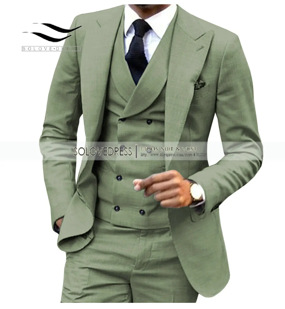 Solovedress 3 шт. мужской деловой костюм одежда смокинг Slim Fit двубортный жилет жениха Tux куртка брюки пик лацкане Серый M12 - Цвет: Tea Green