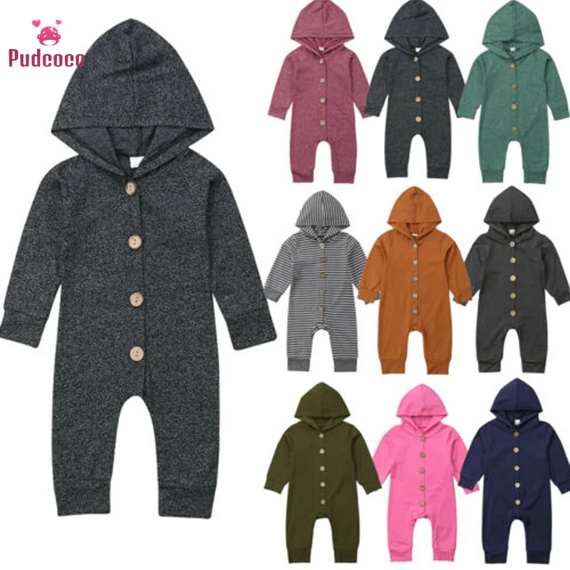 Pudcoco/осенне-зимняя детская одежда для маленьких мальчиков и девочек; детский однотонный комбинезон с капюшоном; комбинезон с длинными рукавами; одежда для детей от 0 до 24 месяцев