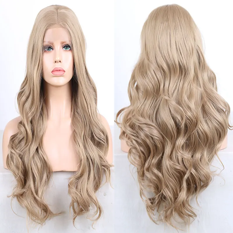 Bombshell Linen Brown Water Wave Synthetic Lace Front Wig Heat Resistant Fiber Natural Hairline Middle Parting For Women Wigs | Шиньоны и