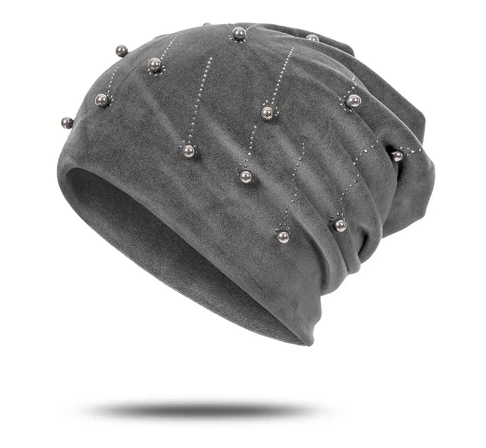 Winter Woman Hat Suede Soft beanie Hat for Women Solid Color Pearl Fashion Winter Warm Hat