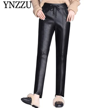 

YNZZU 2019 Autumn Faux Leather pants Plus size Black Loose Long PU Harem pants Female Patchwork PU Trousers Streetwear YB371