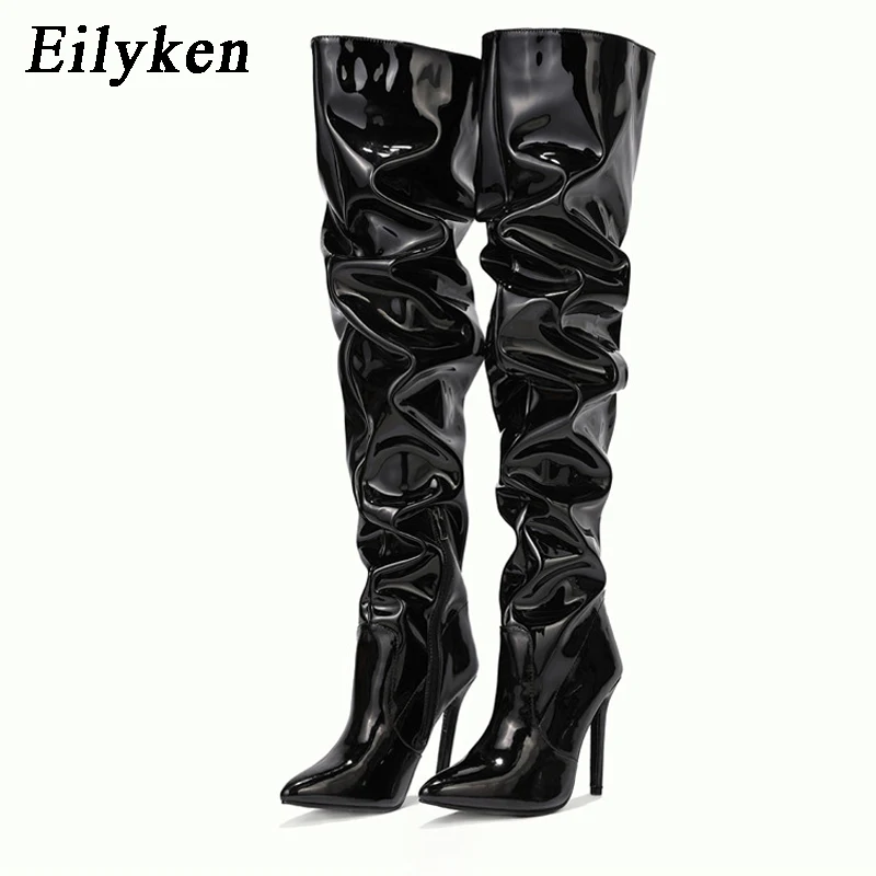 Eilyken New Thigh High Boots Fashion Patent Leather Pointed Toe Zip Female Stiletto Heels Pleated Design Women's Shoes