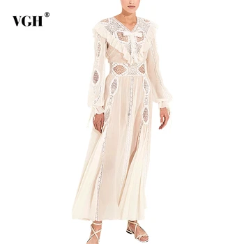 

VGH Pacthwork Ruffle Hollow Out Dress Women V Neck Lantern Long Sleeve High Waist Ruched Dresses Female Fashion Clothes 2020 New