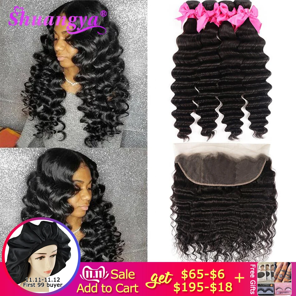 Comprar Mechones de cabello Shuangya sueltos de onda profunda con mechones de tejido Frontal brasileño con cierre Frontal de cabello Remy con mechones