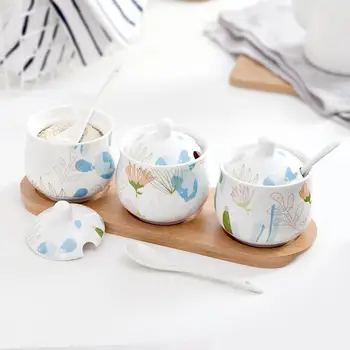 

Ceramic Condiment Jar Spice Container kitchen Condiment Pots Ceramic Sugar Bowls, Spice Jars Containers with Serving Spoons