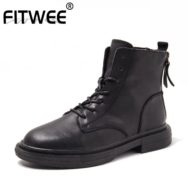 

FITWEE Women Real Leather Ankle Boots Fashion Black Pattern Lacing Shoes Women Soft Daily Platform Casual Footwear Size 35-40
