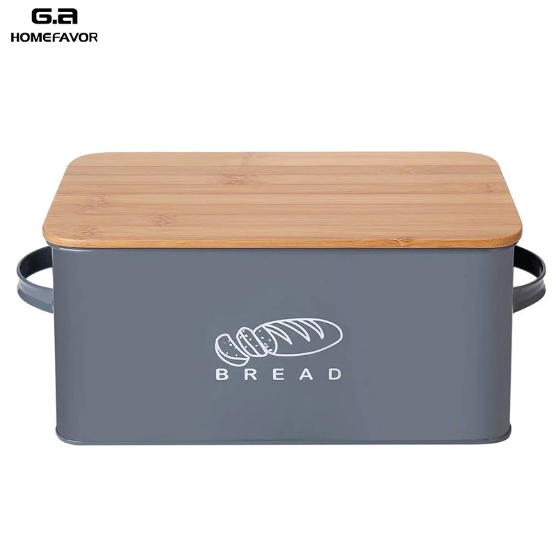 Bread Box Kitchen Storage Container Metal Bread Bin with Bamboo Lid Food Storage 
