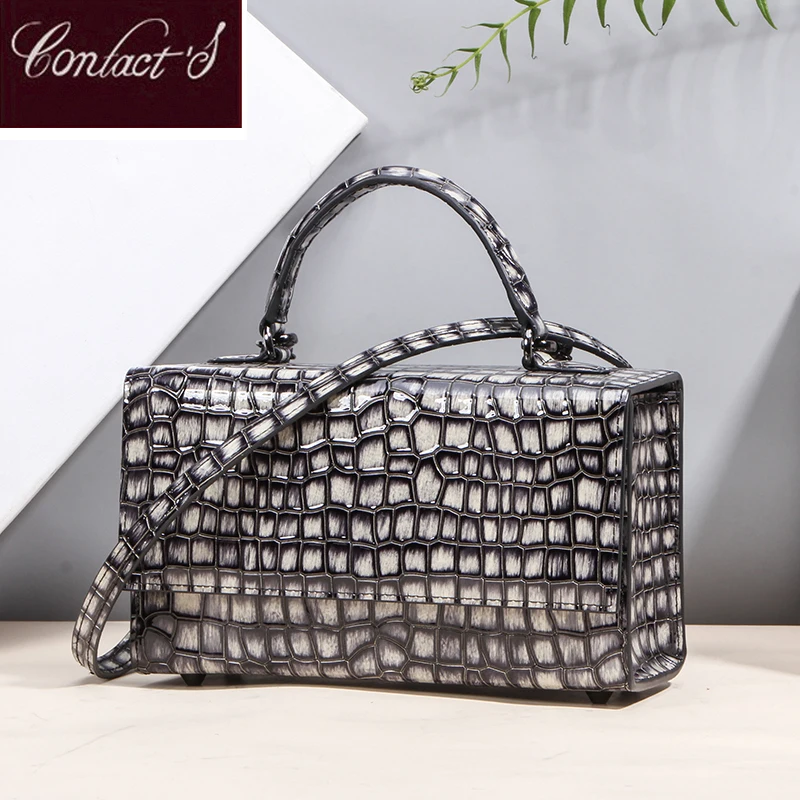 

Contact's 2020 Women Genuine Leather Tote Bag Crocodile Messenger Crossbody Bag Female Simple Shoulder Bag Square Lady Handbag