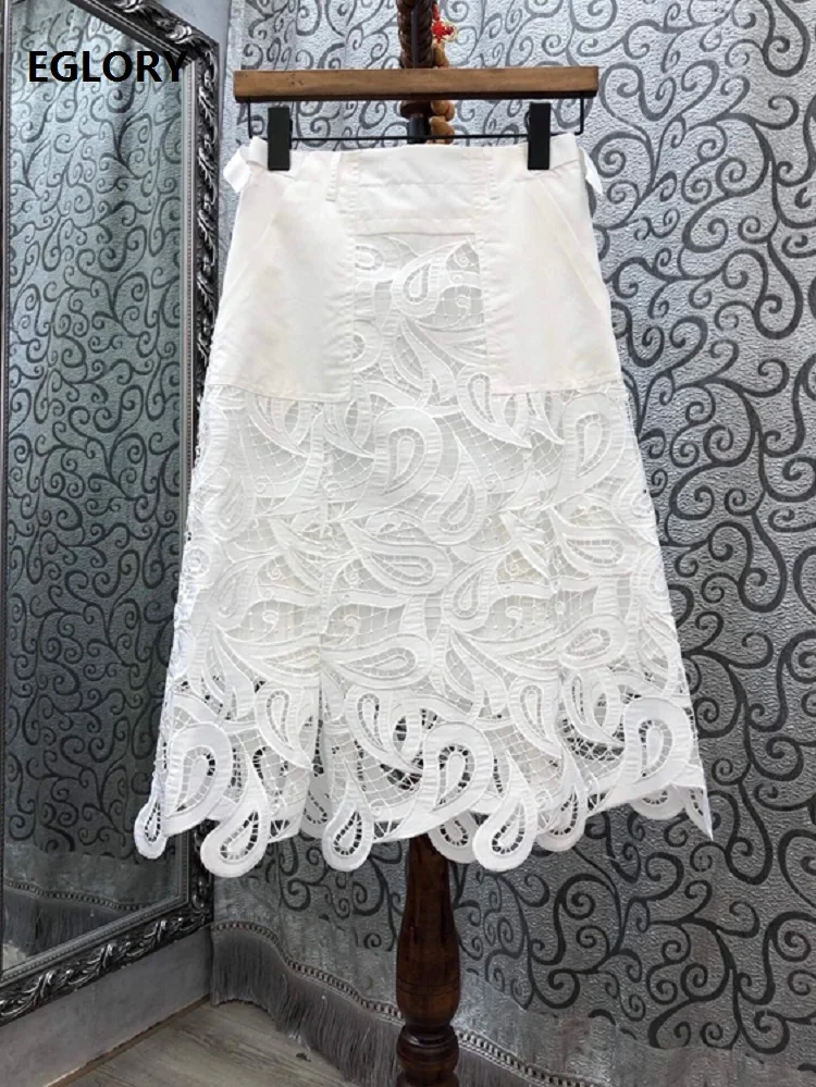 

Top Quality New Skirts 2020 Autumn Winter Skirt Women Hollow Out Lace Embroidery Mid-Calf Length White Black Basic Skirts Cotton