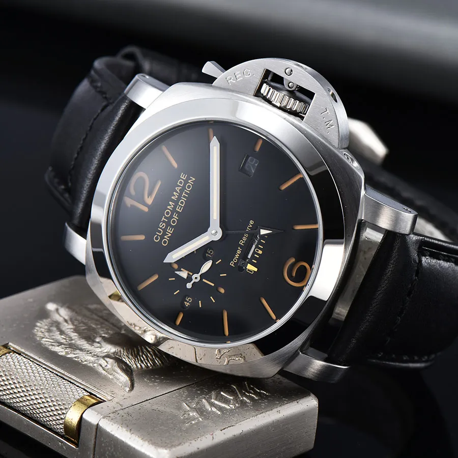 44mm Watch Men Power reserve Automatic Mechanical GMT Leather Strap Case luminous Sports military watch men P-01