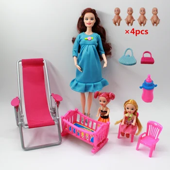 

11.5"/30cm Latest Fashion Pregnant Doll Mother and Child Combination Trolley Puppy Children Toy Accessories + 4 Little Dolls