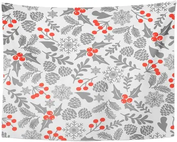 

Tapestry Gray Silhouette Winter with Holly Berries Part of Christmas Collection Pattern Fills Prints Red Berry Tapestries Wall
