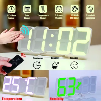 

3D Remote Control Digital Wall Clock 115 RGB Colors LED Table Clock Sound Control Desk Alarm Clock Show Time Temperature Date