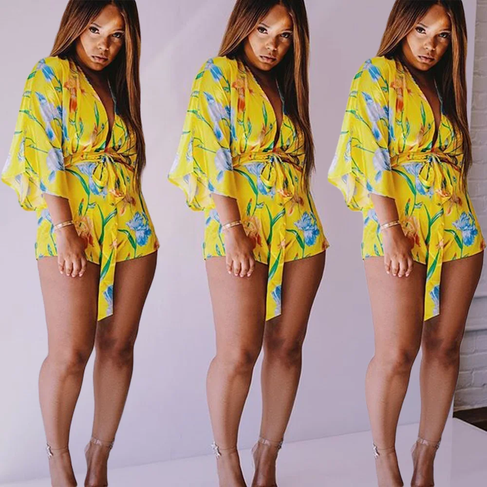 FNOCE Cross-border Foreign Trade Women's new Style Digital Printing Straps Deep V-neck Sexy Fashion Casual Jumpsuit Women |
