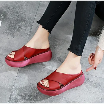 

Women Summer Slippers Soft PU Leather Woman Shoes Casual Wedges Cross Retro Ladies Slippers Slide Fashion Platform Female Shoes