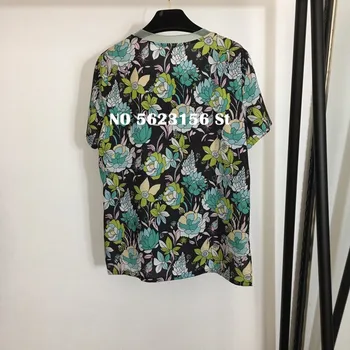 

High quality flower print chiffon T-shirt luxury beaded embroidery woman tops o-neck short sleeve irregular tees women tshirts